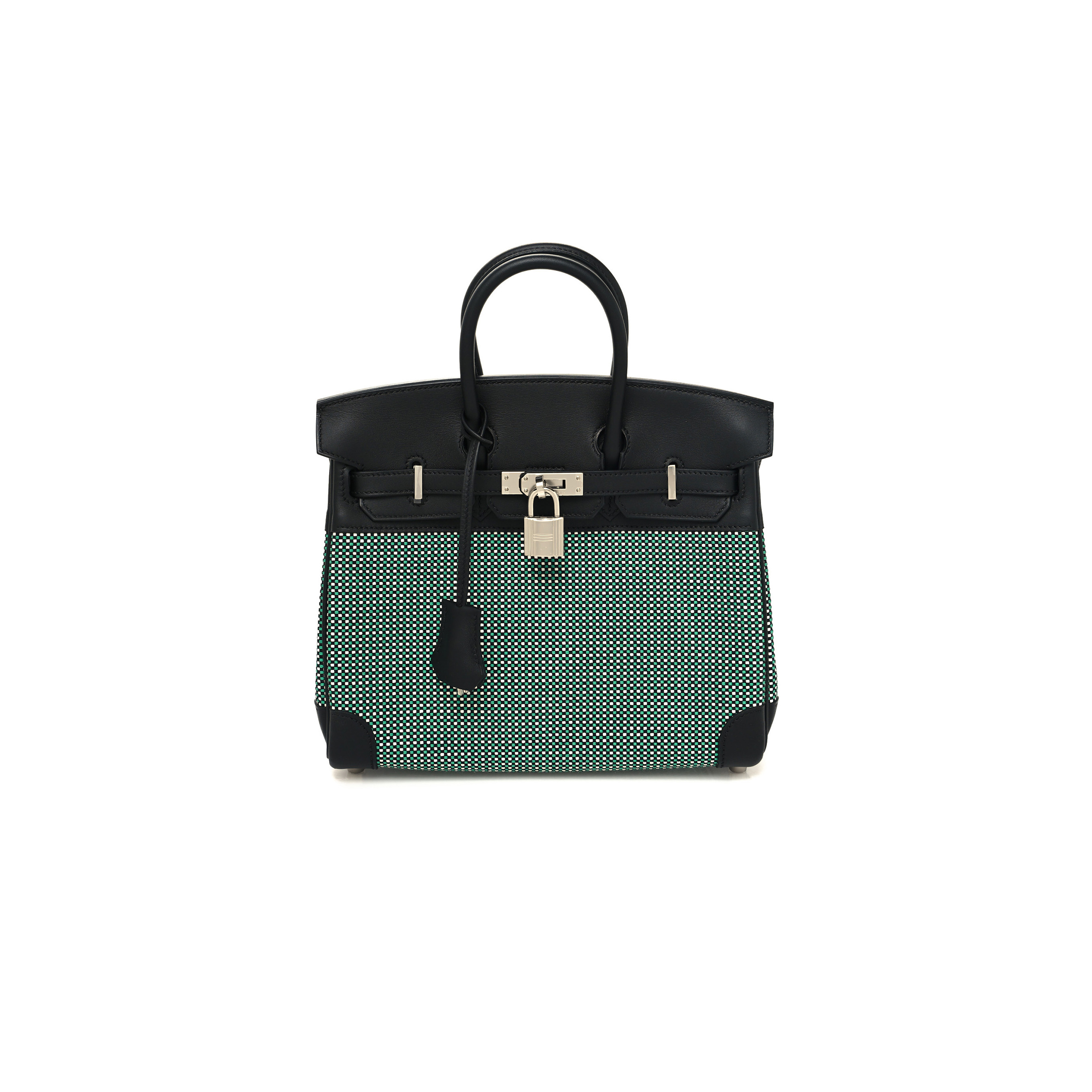 H**mes master birkin 25 black toile quadrille menthe bag 003785348 (25*18*13cm)